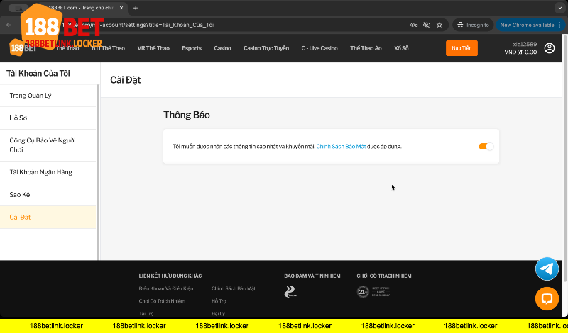 Giao diện cài đặt thông báo 188BET link