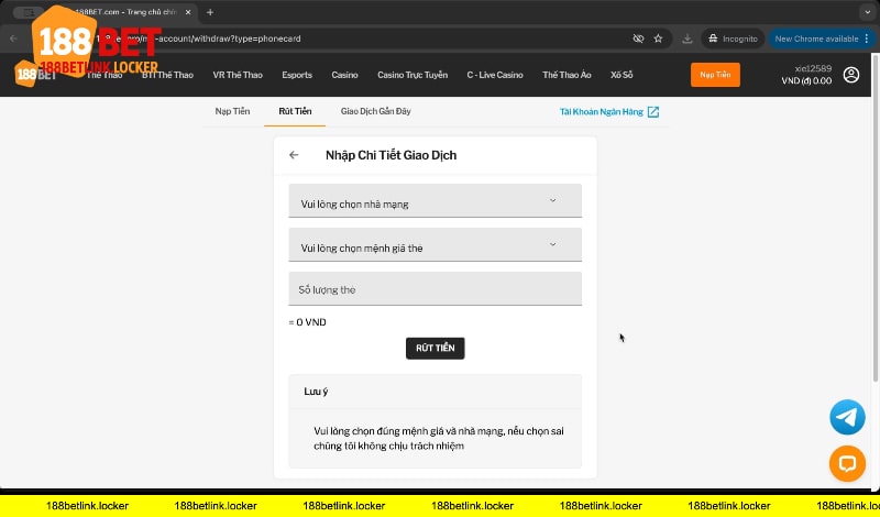 Rút tiền 188BET link qua thẻ cào